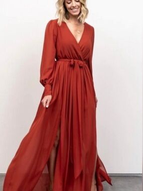 Baltic Born Celine Rust Red Wrap Maxi Dress with Long Sleeves